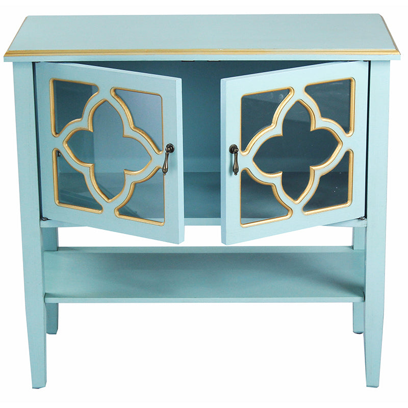 32" X 14" X 30" Light Blue W  Gold MDF  Wood  Clear Glass Console Cabinet with  Doors and a Shelf