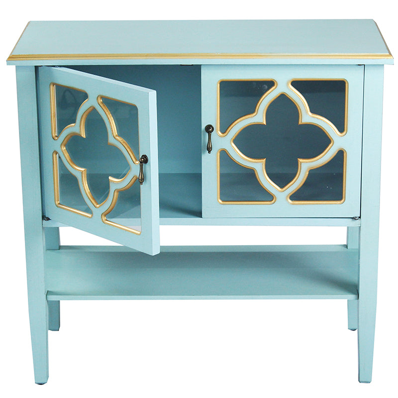 32" X 14" X 30" Light Blue W  Gold MDF  Wood  Clear Glass Console Cabinet with  Doors and a Shelf