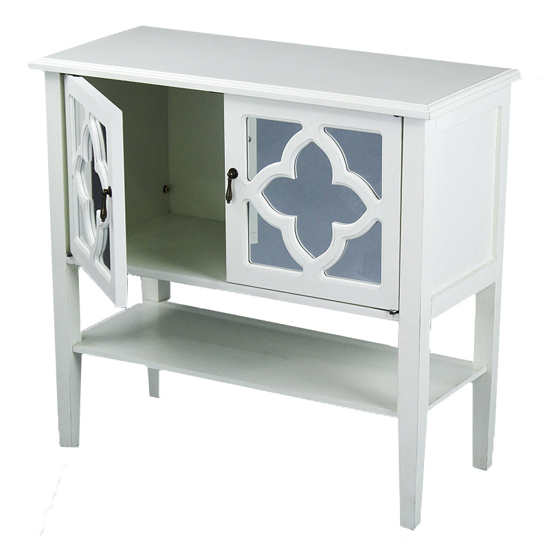 32" X 14" X 30" Antique White MDF  Wood  Mirrored Glass Console Cabinet with  Doors and a Shelf