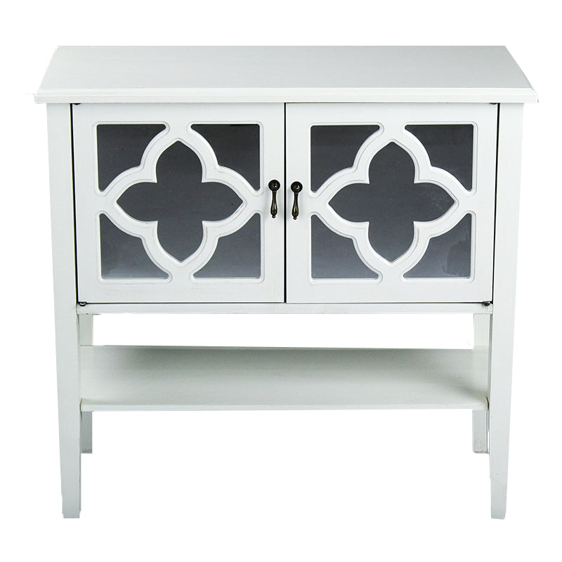 32" X 14" X 30" Antique White MDF  Wood  Mirrored Glass Console Cabinet with  Doors and a Shelf