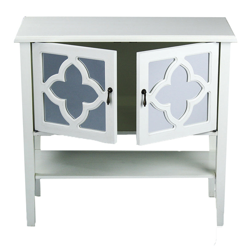 32" X 14" X 30" Antique White MDF  Wood  Mirrored Glass Console Cabinet with  Doors and a Shelf