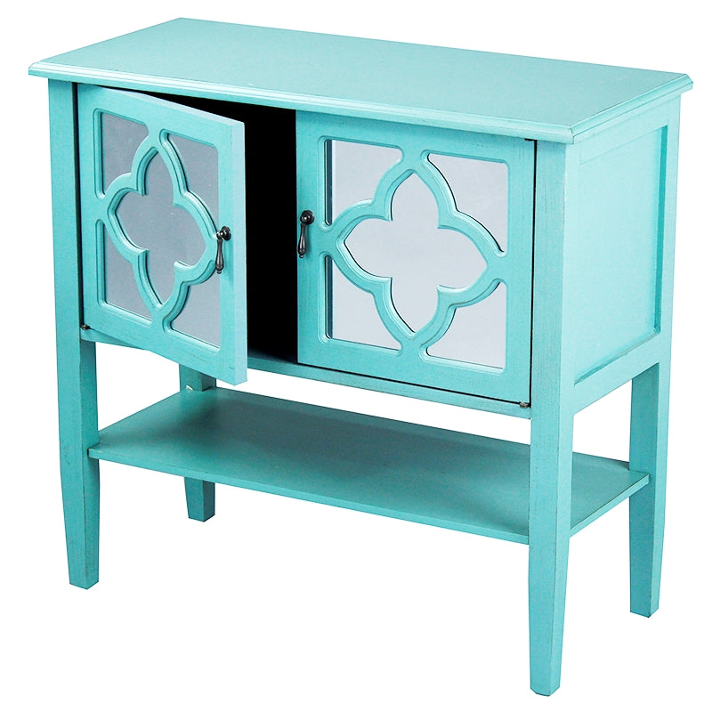 32" X 14" X 30" Turquoise MDF  Wood  Mirrored Glass Console Cabinet with  Doors and a Shelf