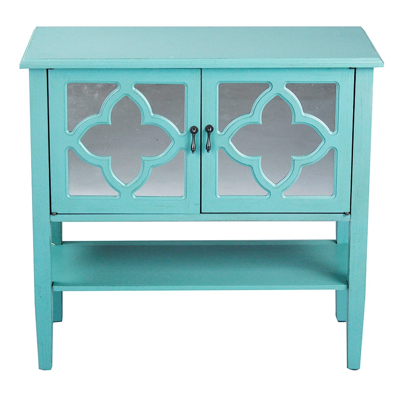 32" X 14" X 30" Turquoise MDF  Wood  Mirrored Glass Console Cabinet with  Doors and a Shelf