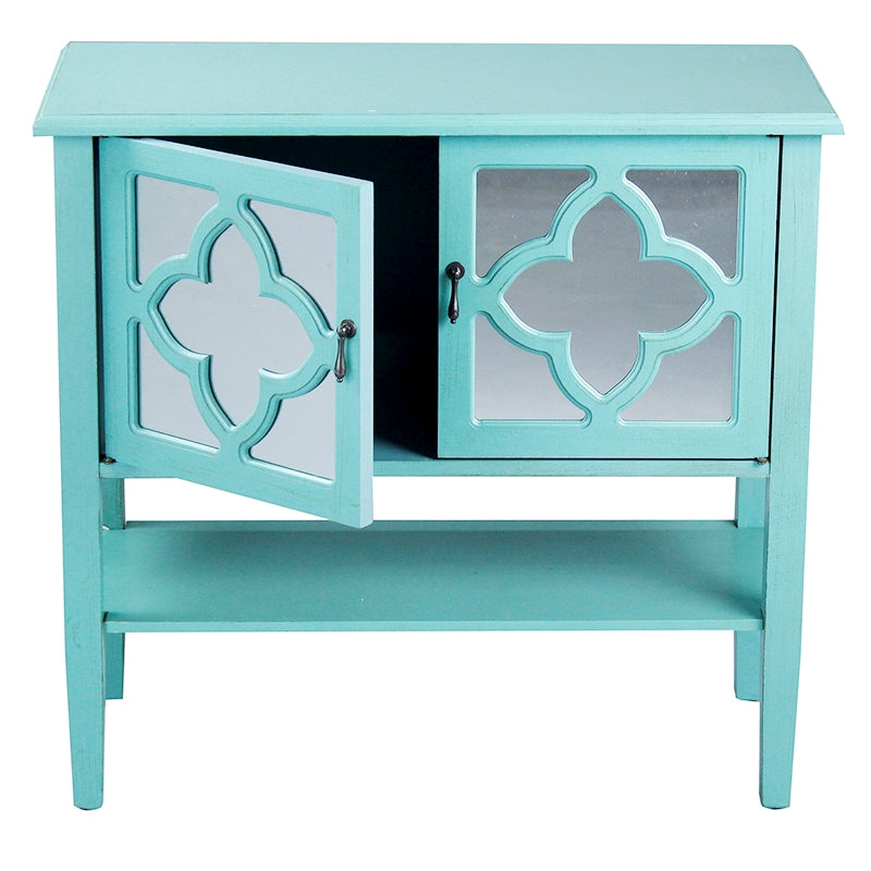 32" X 14" X 30" Turquoise MDF  Wood  Mirrored Glass Console Cabinet with  Doors and a Shelf
