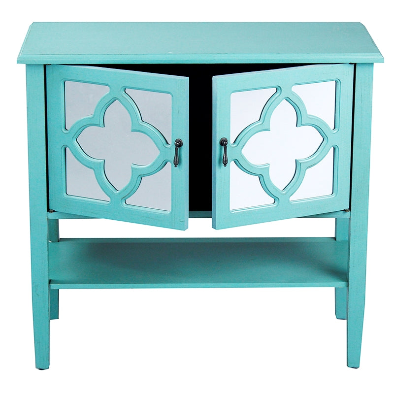 32" X 14" X 30" Turquoise MDF  Wood  Mirrored Glass Console Cabinet with  Doors and a Shelf
