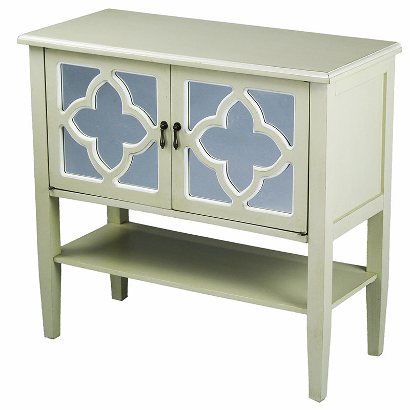 32" X 14" X 30" Beige MDF  Wood  Mirrored Glass Console Cabinet with  Doors and a Shelf