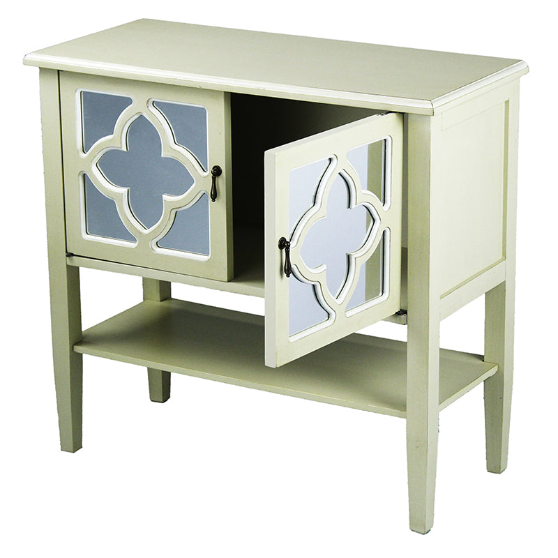 32" X 14" X 30" Beige MDF  Wood  Mirrored Glass Console Cabinet with  Doors and a Shelf