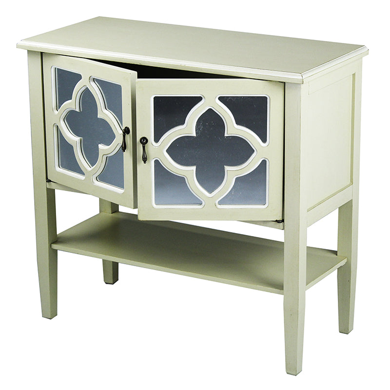 32" X 14" X 30" Beige MDF  Wood  Mirrored Glass Console Cabinet with  Doors and a Shelf