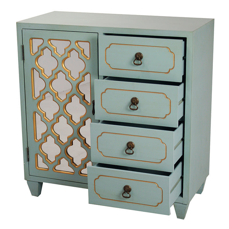 29.5" X 14" X 30.75" Light Blue with Gold MDF Wood Mirrored Glass Cabinet with a Gold Door and Drawers