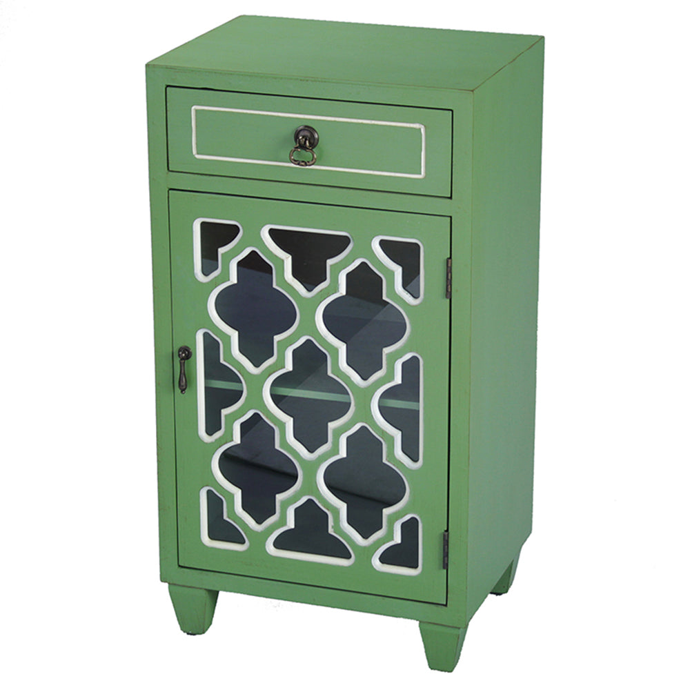 16.75" X 12.75" X 30.75" Green MDF Wood Clear Glass Accent Cabinet with a Drawer and Door and Arabesque Inserts