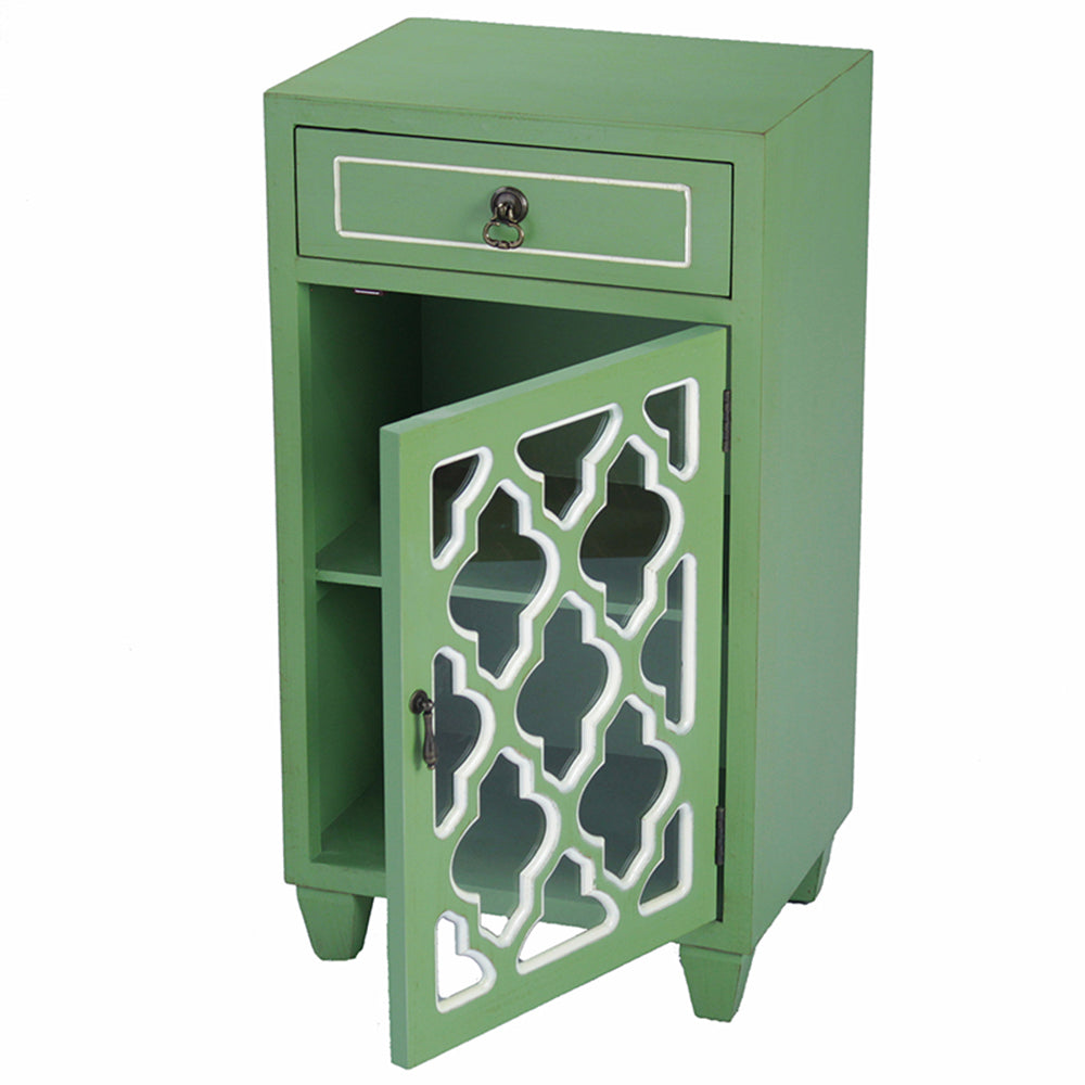 16.75" X 12.75" X 30.75" Green MDF Wood Clear Glass Accent Cabinet with a Drawer and Door and Arabesque Inserts