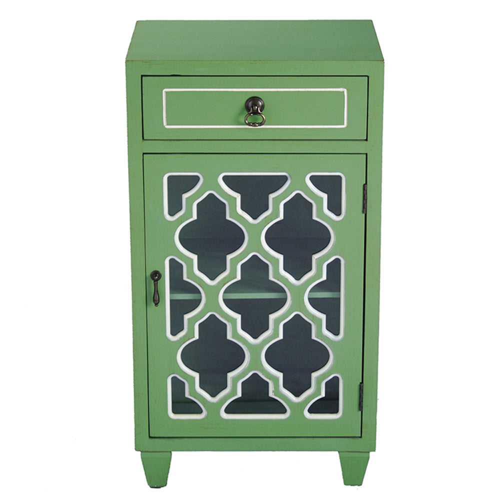 16.75" X 12.75" X 30.75" Green MDF Wood Clear Glass Accent Cabinet with a Drawer and Door and Arabesque Inserts