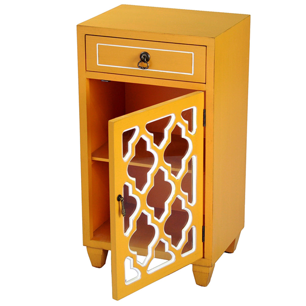 16.75" X 12.75" X 30.75" Orange MDF Wood Clear Glass Accent Cabinet with a Drawer and Door and Arabesque Inserts