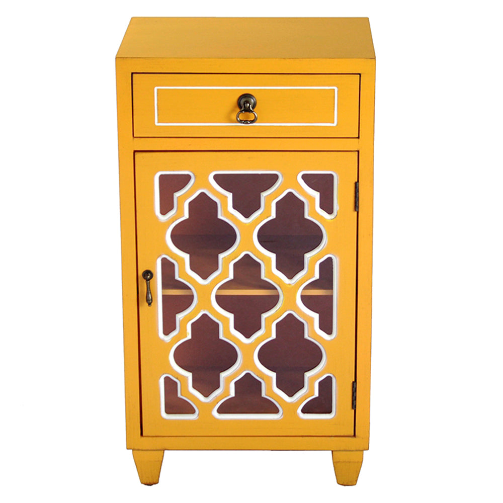 16.75" X 12.75" X 30.75" Orange MDF Wood Clear Glass Accent Cabinet with a Drawer and Door and Arabesque Inserts