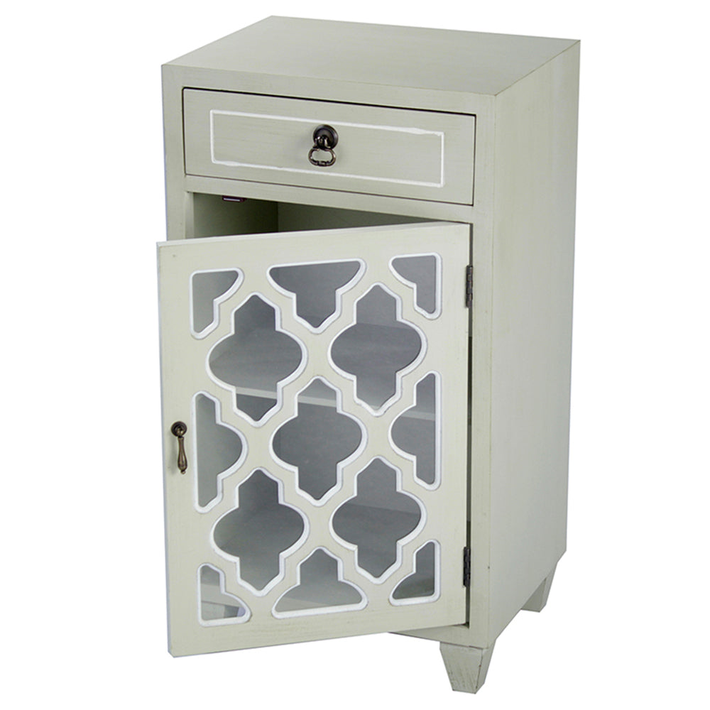 16.75" X 12.75" X 30.75" Beige MDF Wood Clear Glass Accent Cabinet with a Drawer and Door and Arabesque Inserts