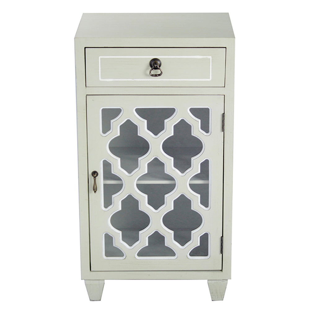 16.75" X 12.75" X 30.75" Beige MDF Wood Clear Glass Accent Cabinet with a Drawer and Door and Arabesque Inserts