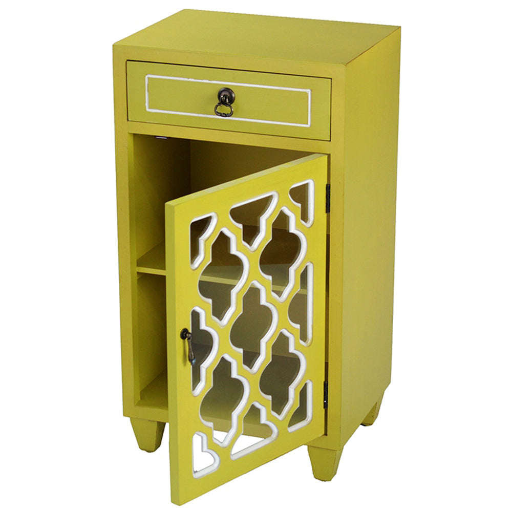 16.75" X 12.75" X 30.75" Yellow MDF Wood Clear Glass Accent Cabinet with a Drawer and Door and Arabesque Inserts
