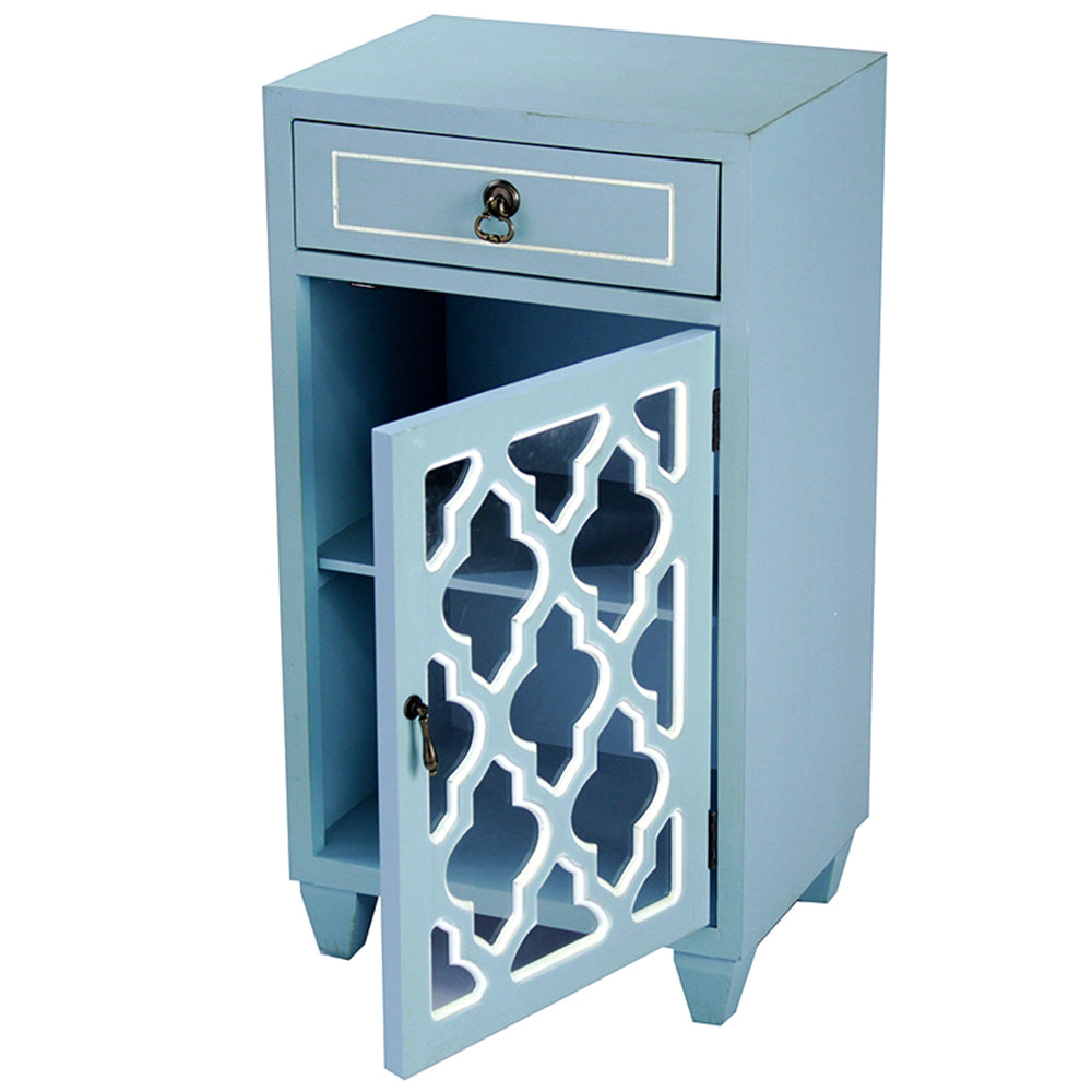 16.75" X 12.75" X 30.75" Light Blue MDF Wood Clear Glass Cabinet with a Drawer and a Door