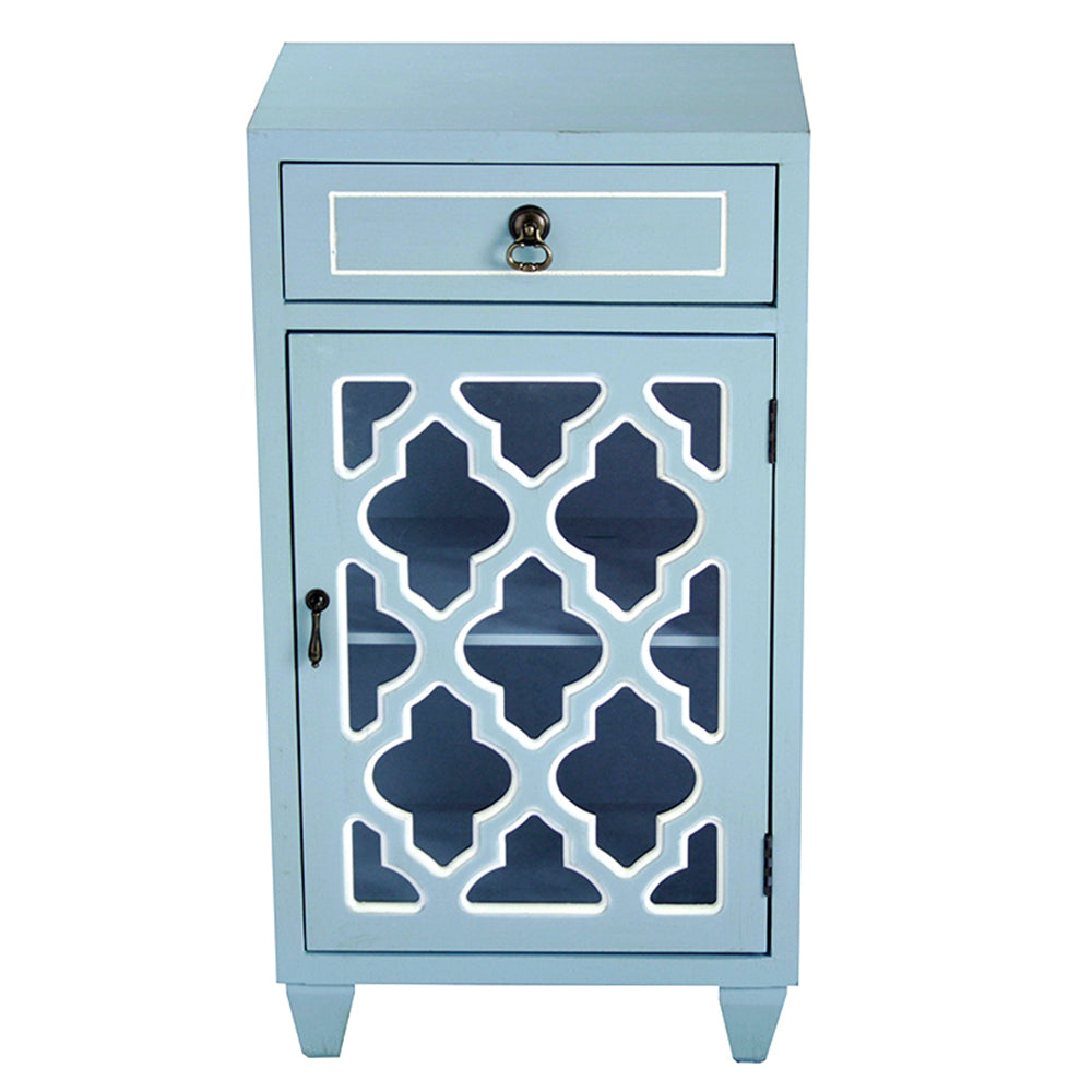16.75" X 12.75" X 30.75" Light Blue MDF Wood Clear Glass Cabinet with a Drawer and a Door