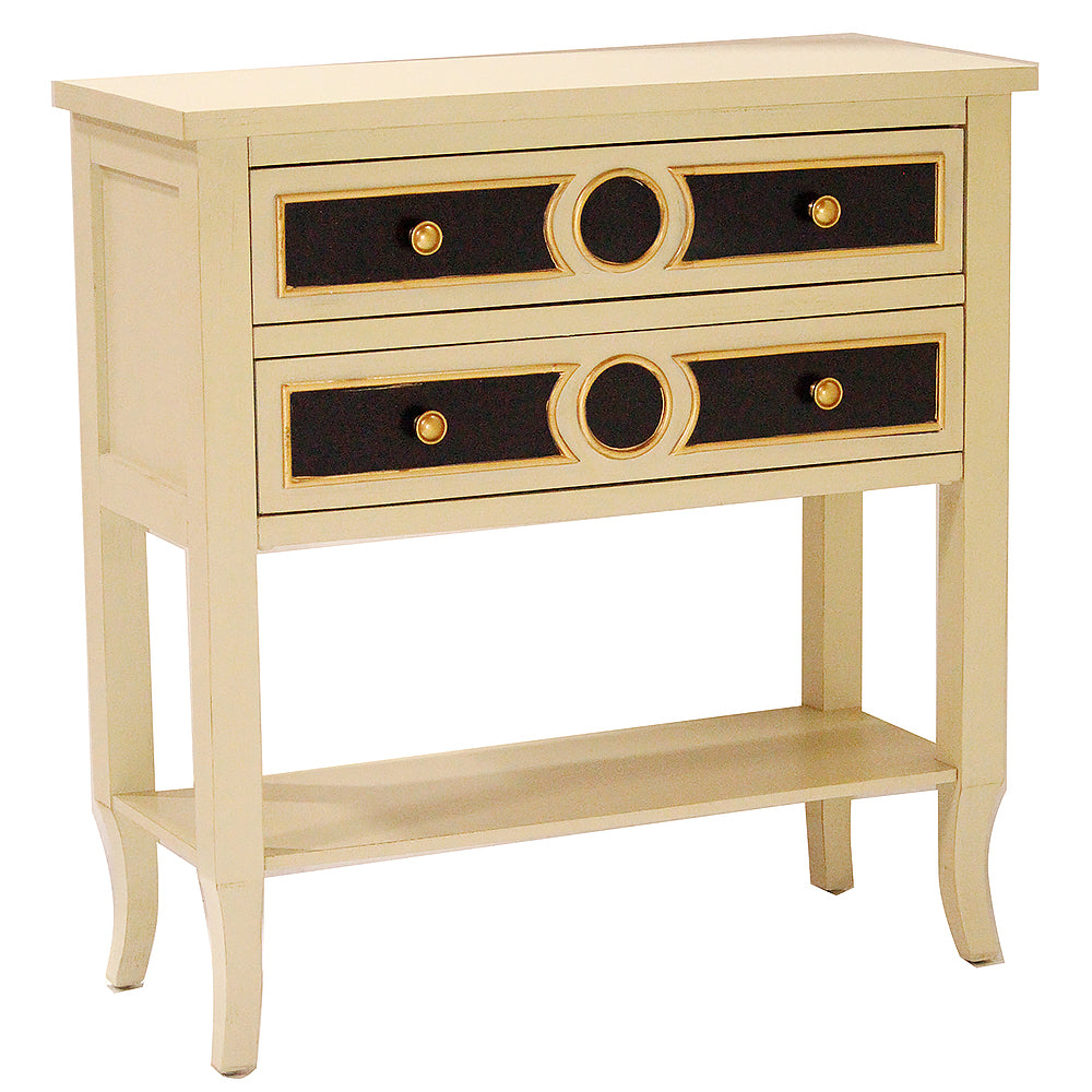 32" X 13" X 33" Antique White W  Black And Gold MDF  Wood Console Table with a Shelf and Drawers