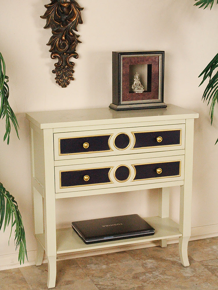 32" X 13" X 33" Antique White W  Black And Gold MDF  Wood Console Table with a Shelf and Drawers