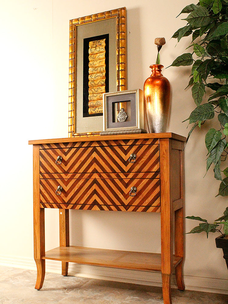 32" X 13" X 33" Woodgran Chevron MDF  Wood Console Table with a Shelf and Drawers