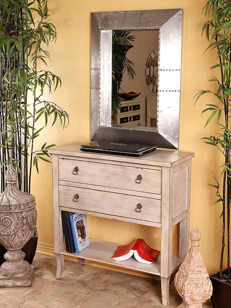 32" X 13" X 33" Distressed Taupe MDF  Wood Console Table with a Shelf and Drawers