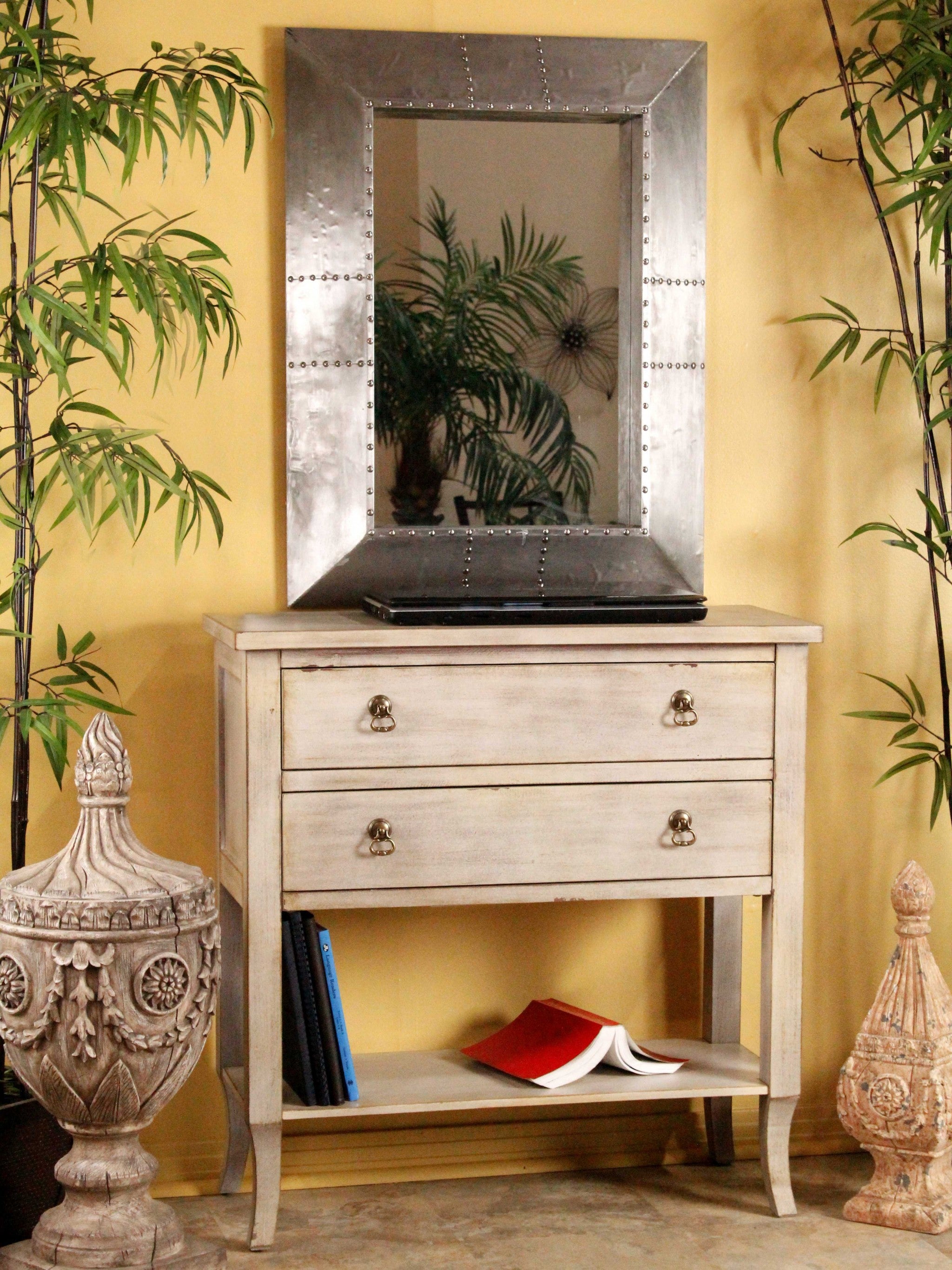 32" X 13" X 33" Distressed Taupe MDF  Wood Console Table with a Shelf and Drawers