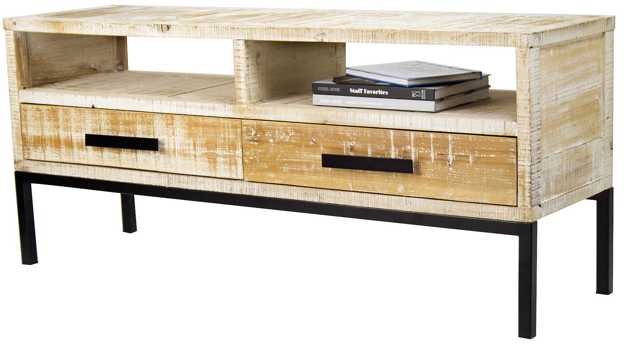 47" X 14.25" X 21" Distressed Wood Wood Iron TV Stand with Shelves and Drawers and Iron Handles and Legs