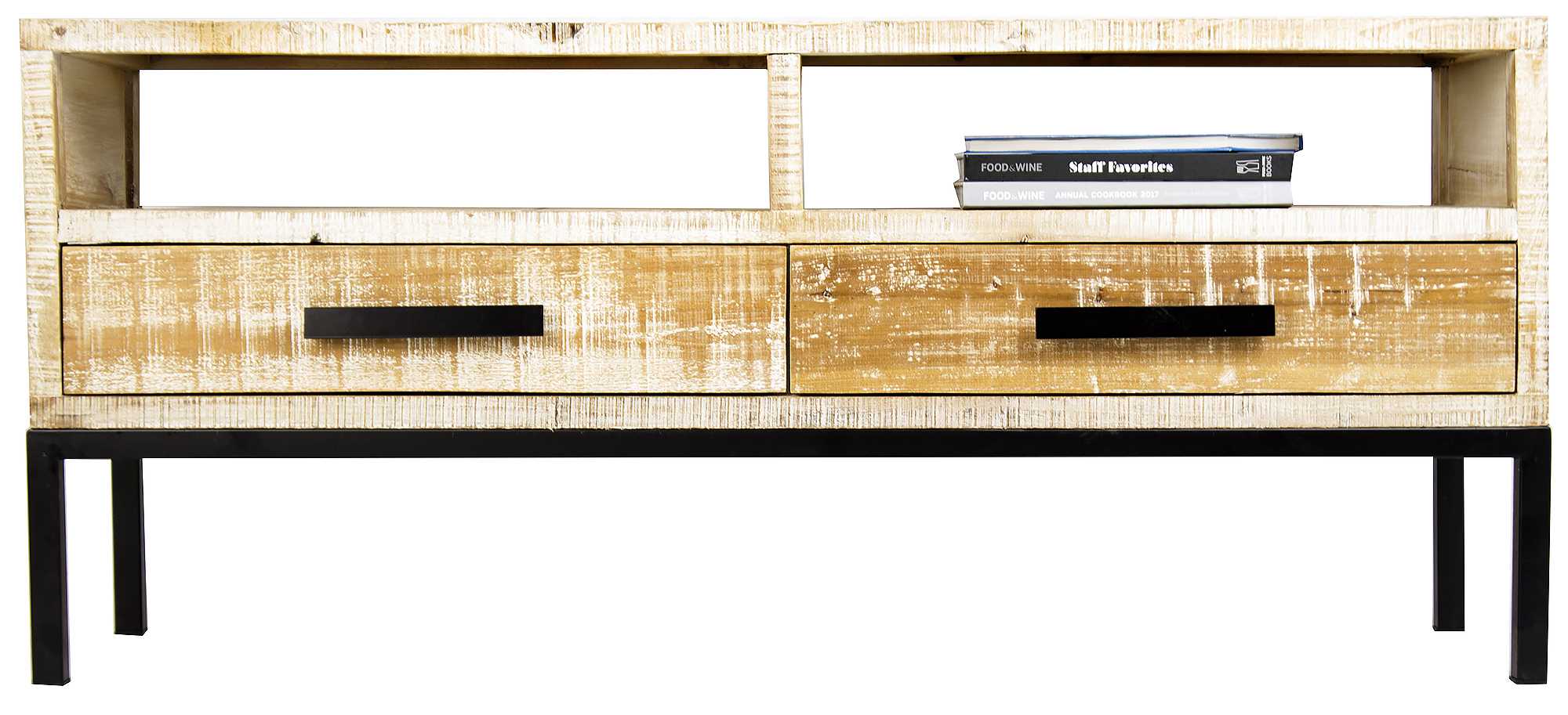 47" X 14.25" X 21" Distressed Wood Wood Iron TV Stand with Shelves and Drawers and Iron Handles and Legs