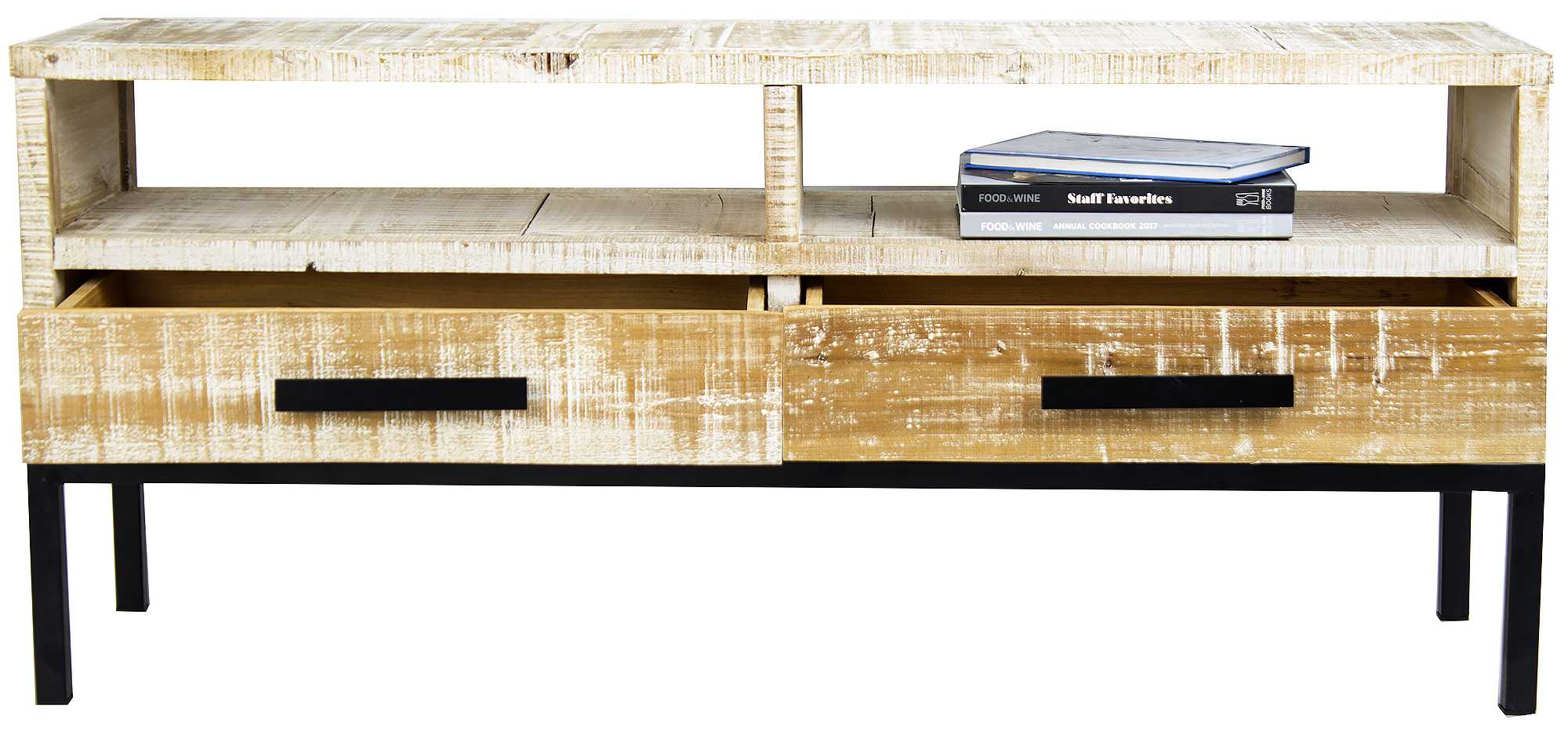 47" X 14.25" X 21" Distressed Wood Wood Iron TV Stand with Shelves and Drawers and Iron Handles and Legs