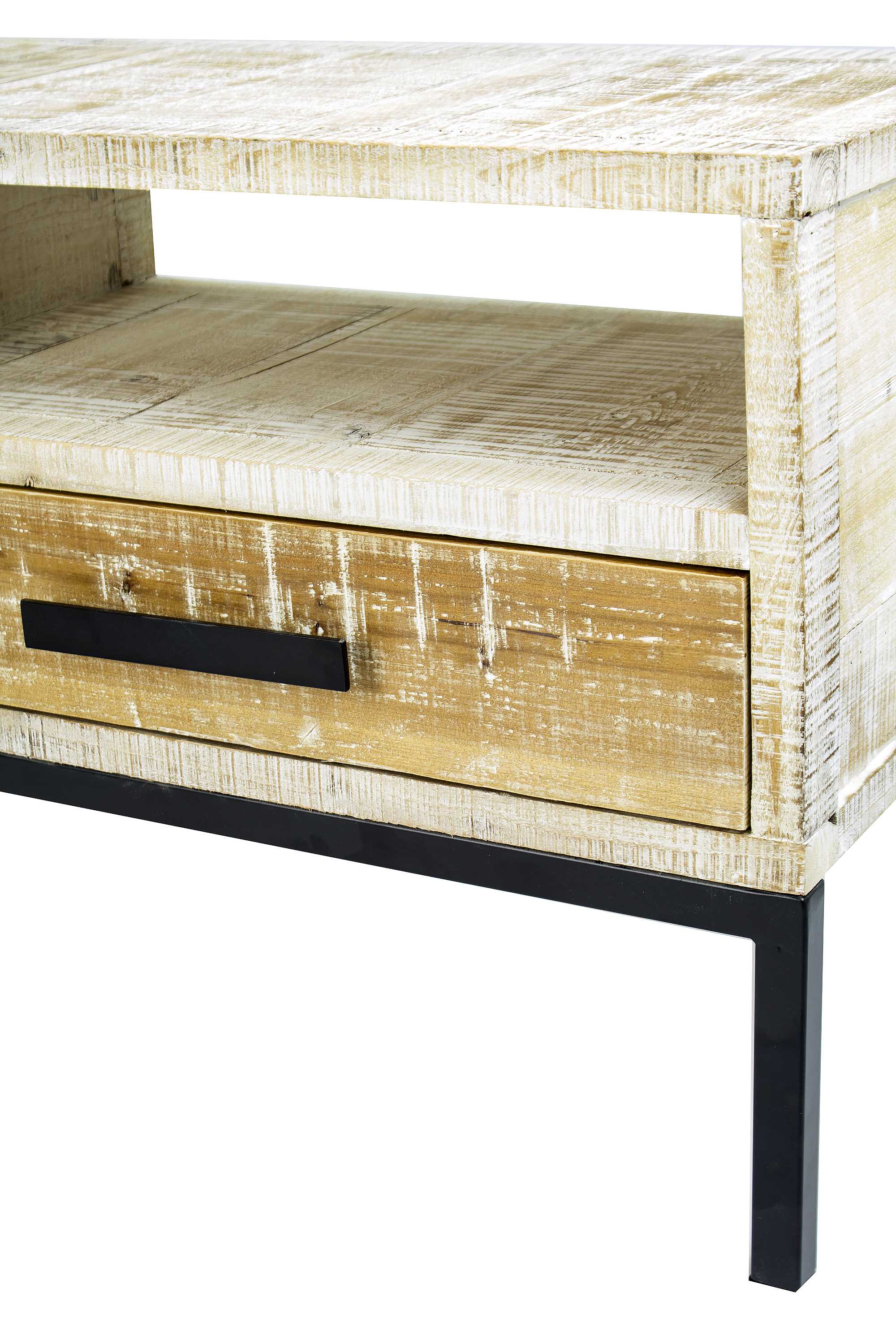 47" X 14.25" X 21" Distressed Wood Wood Iron TV Stand with Shelves and Drawers and Iron Handles and Legs