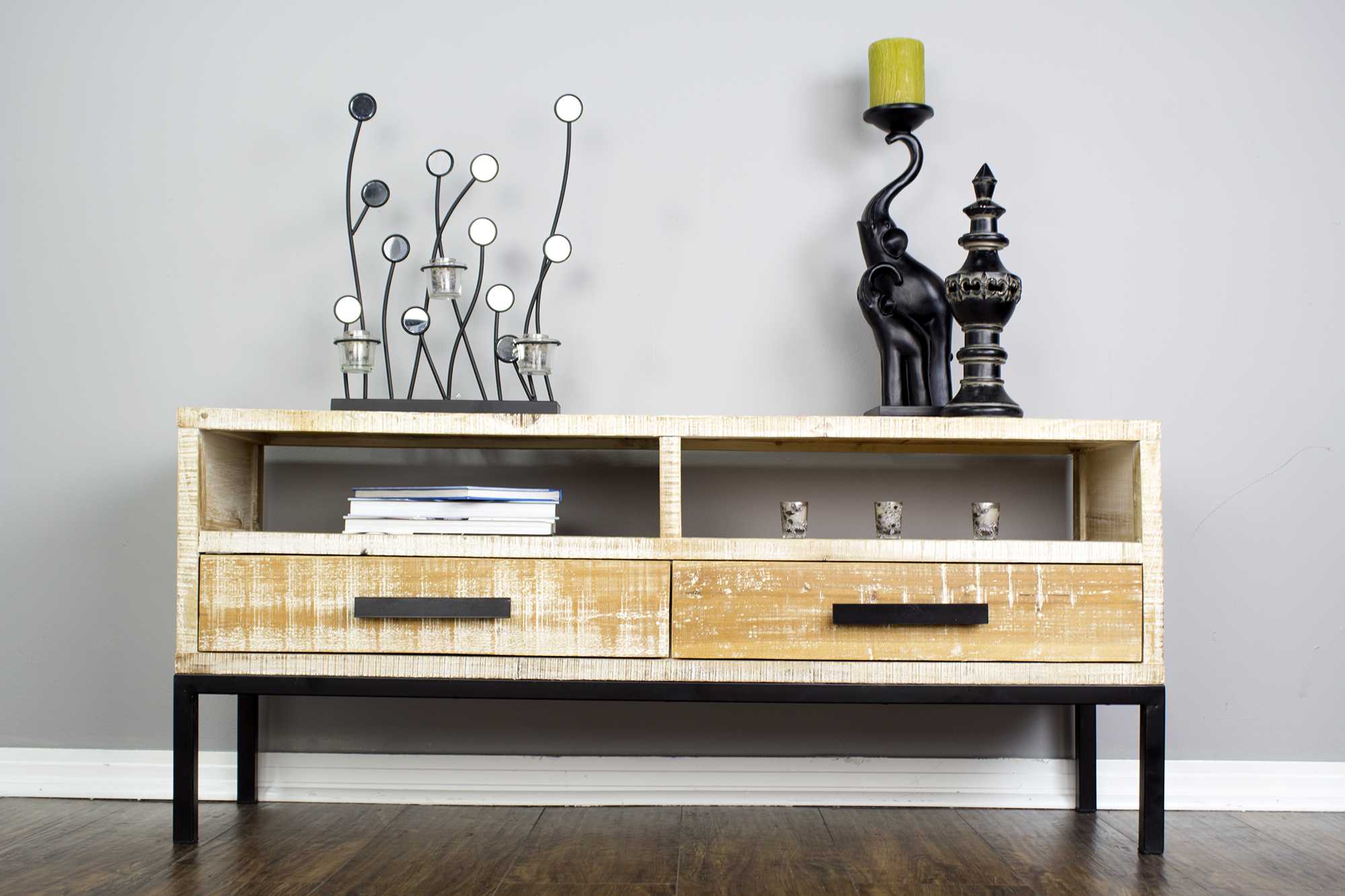 47" X 14.25" X 21" Distressed Wood Wood Iron TV Stand with Shelves and Drawers and Iron Handles and Legs