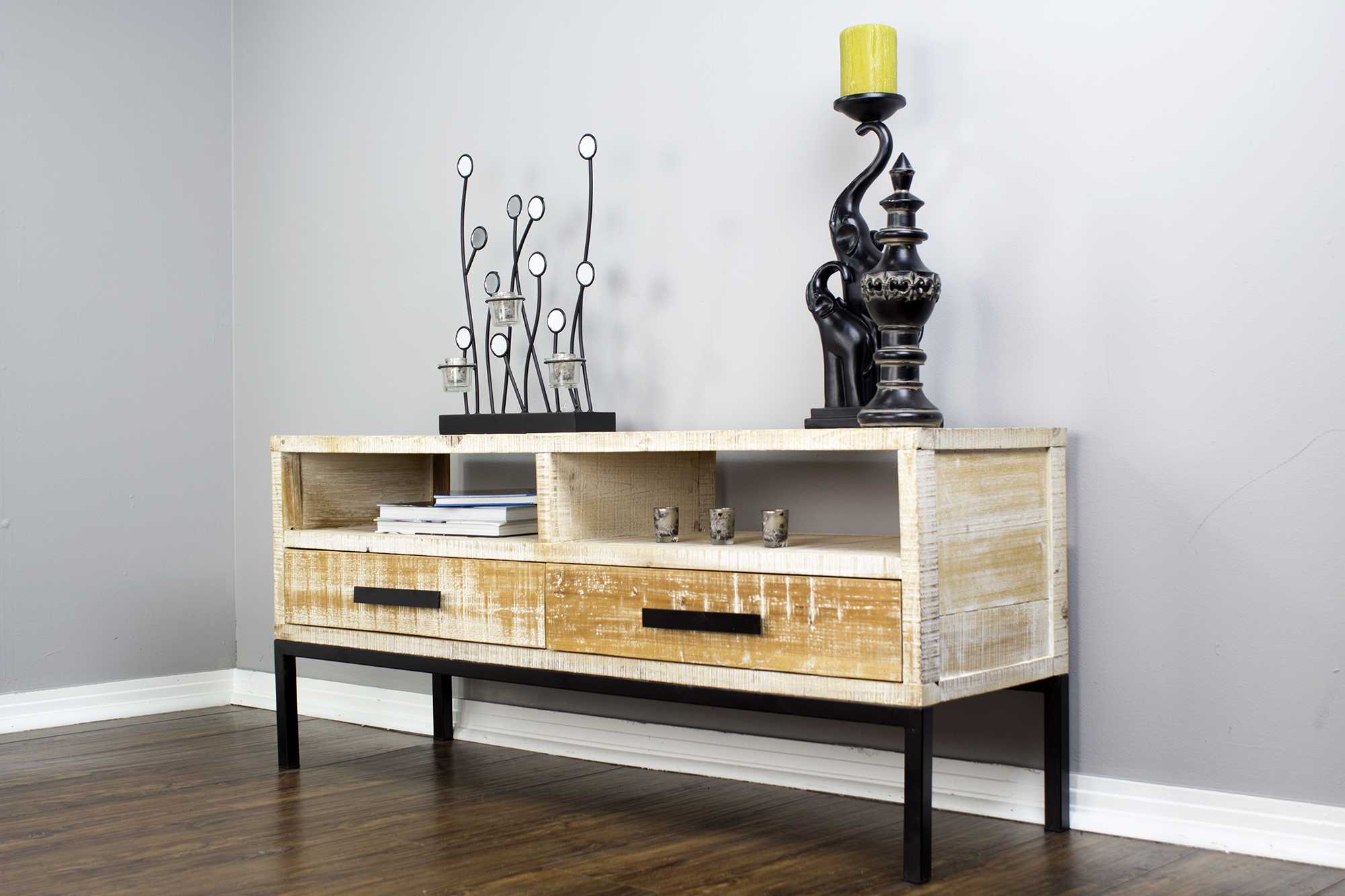 47" X 14.25" X 21" Distressed Wood Wood Iron TV Stand with Shelves and Drawers and Iron Handles and Legs