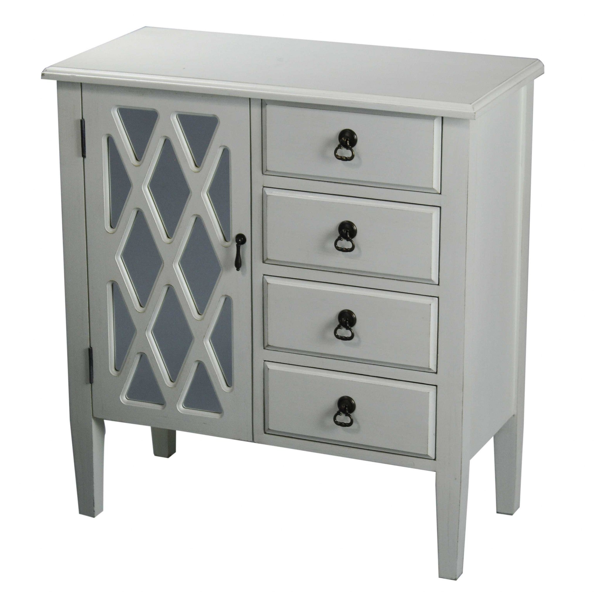 29.5" X 14.25" X 32" Antique White MDF Wood Clear Glass Sideboard with a Door and Drawers