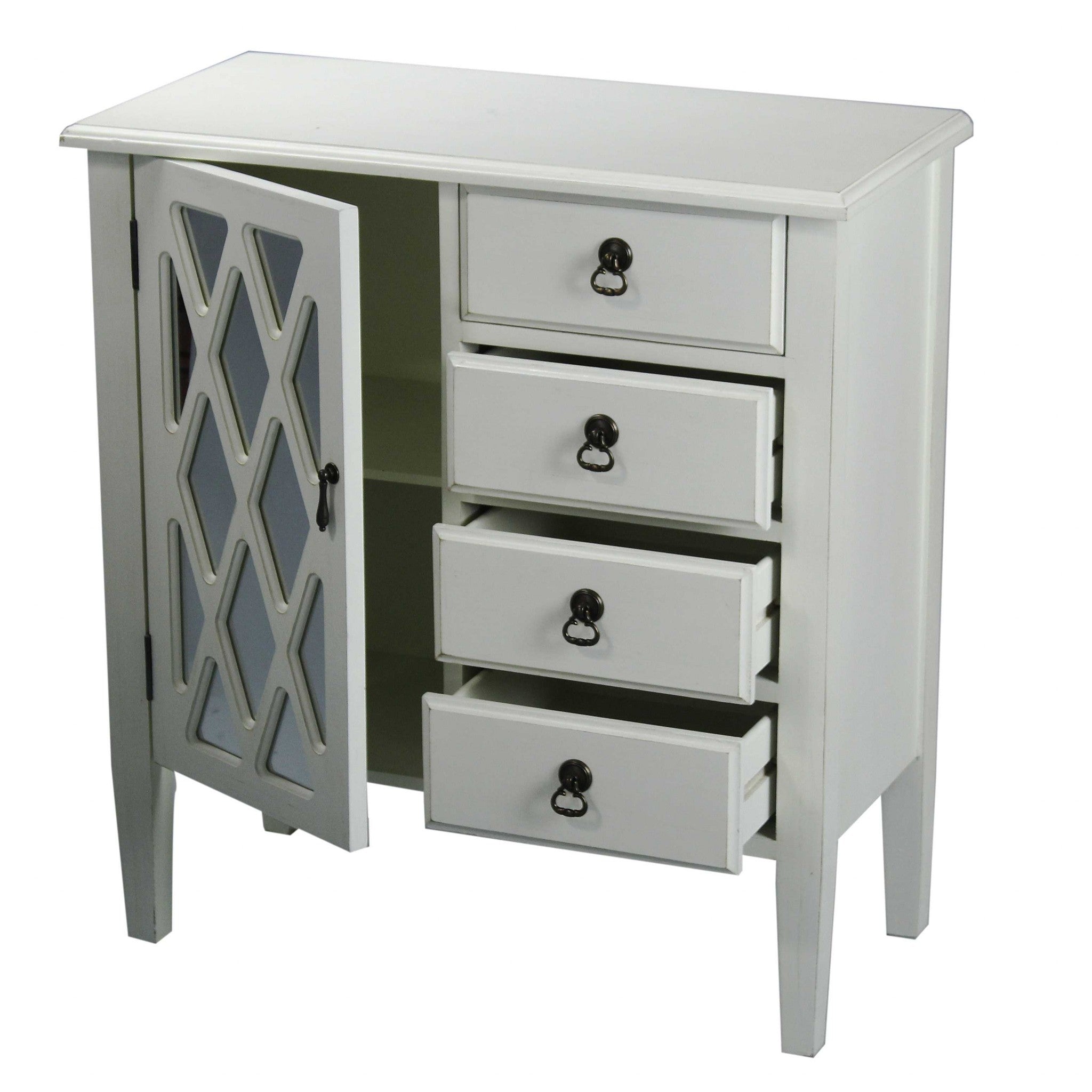 29.5" X 14.25" X 32" Antique White MDF Wood Clear Glass Sideboard with a Door and Drawers