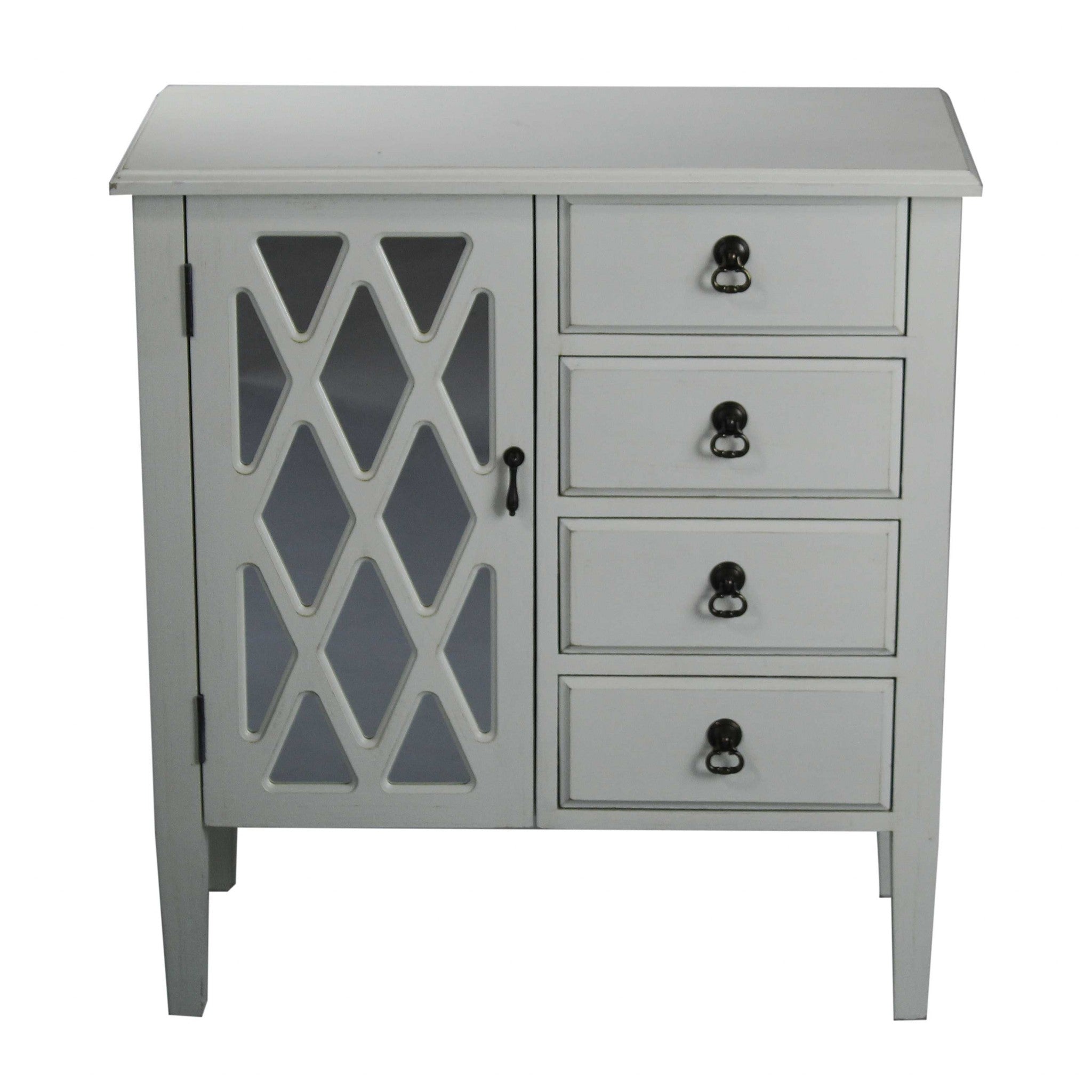 29.5" X 14.25" X 32" Antique White MDF Wood Clear Glass Sideboard with a Door and Drawers