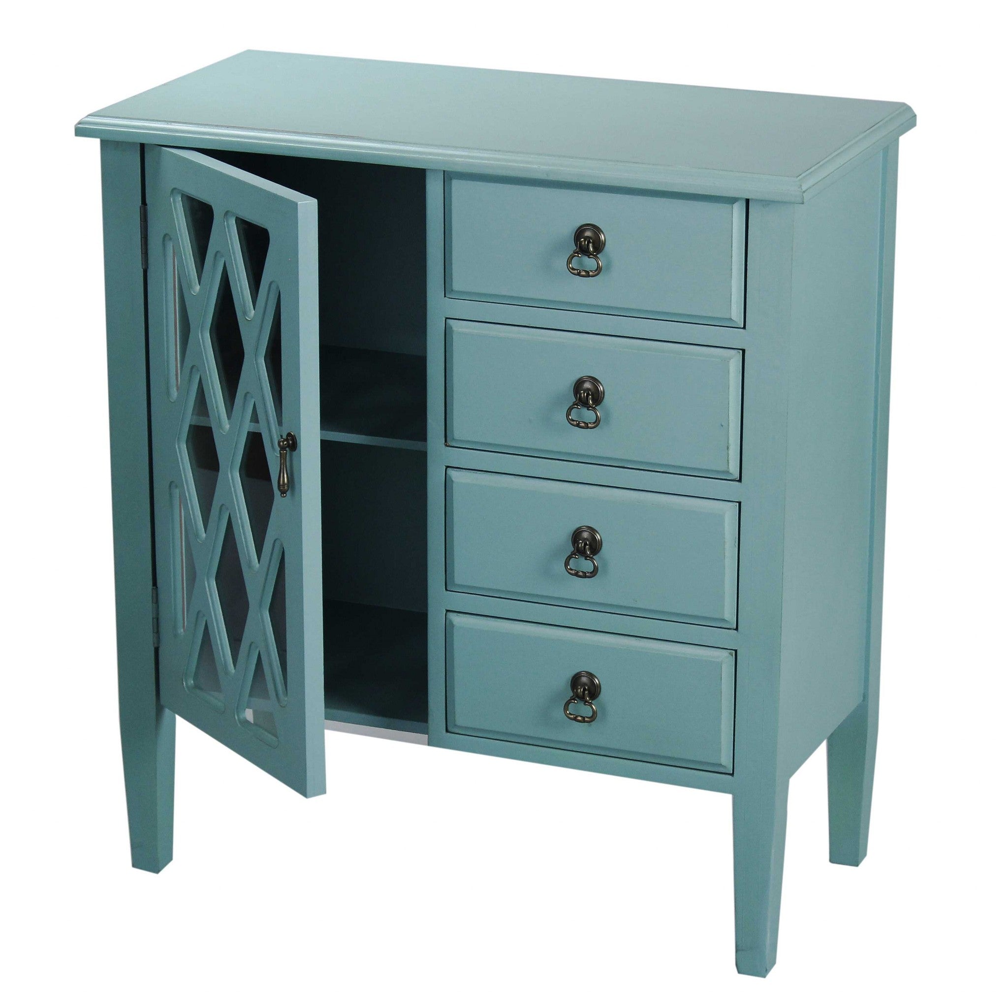 29.5" X 14.25" X 32" Turquoise MDF Wood Clear Glass Classic Sideboard with a Door and Drawers