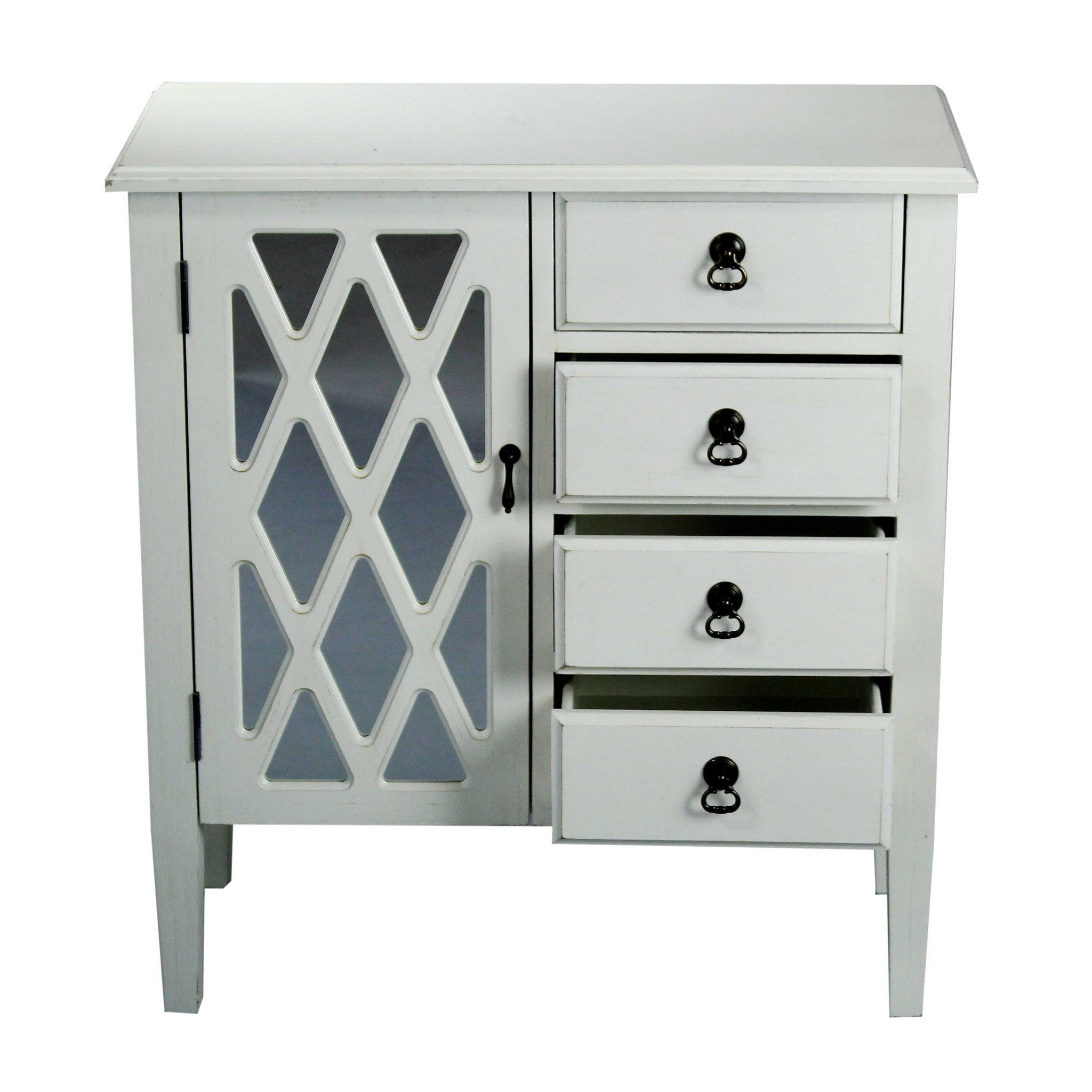 29.5" X 14.25" X 32" Antique White MDF Wood Mirrored Glass Classic Sideboard with a Door and Drawers