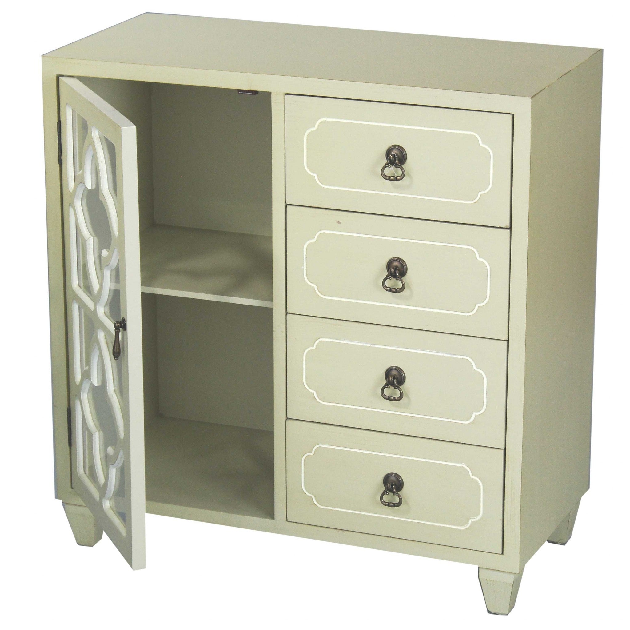 29.5" X 14" X 30.75" Beige MDF Wood Clear Glass Antique Style Sideboard with a Door and Drawers