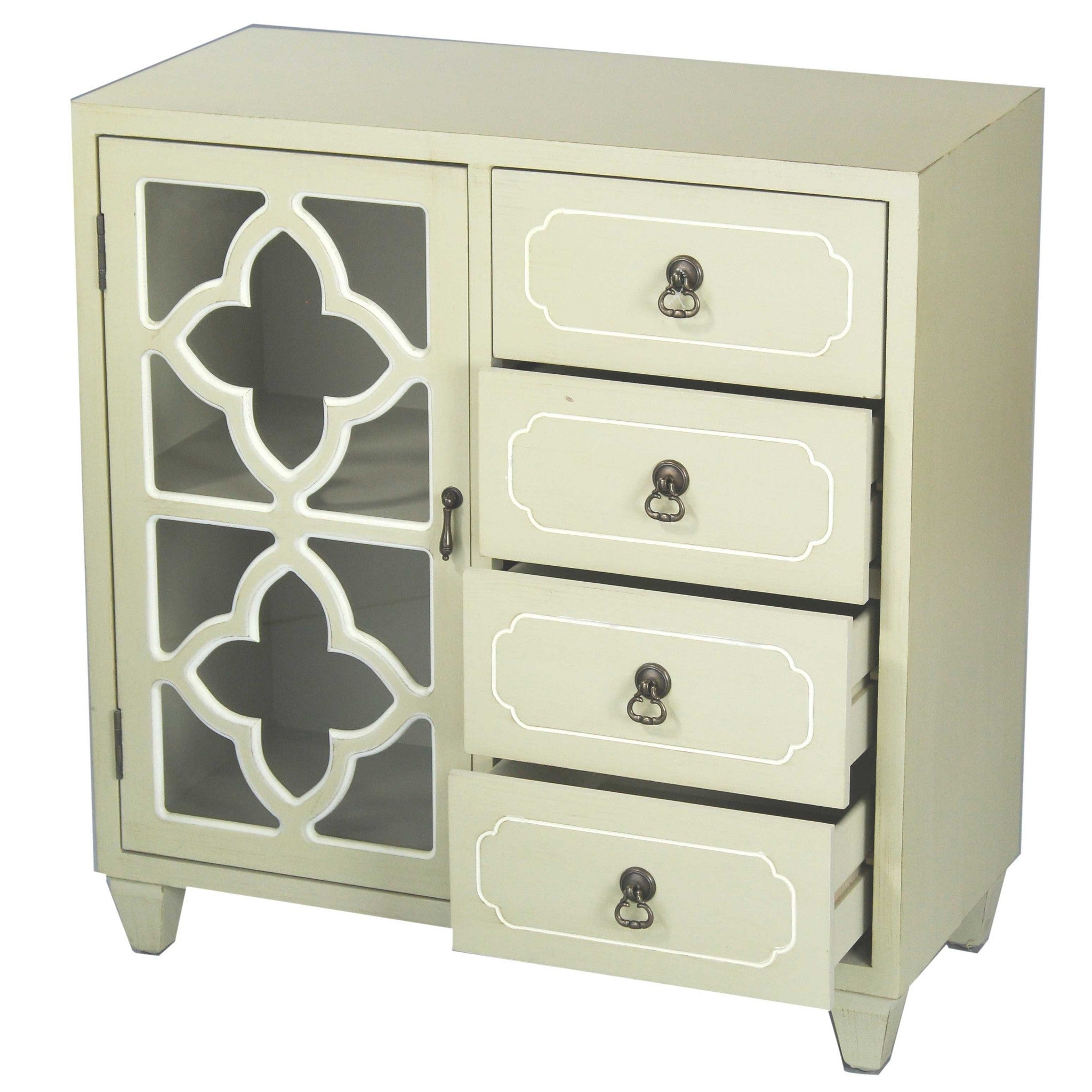 29.5" X 14" X 30.75" Beige MDF Wood Clear Glass Antique Style Sideboard with a Door and Drawers
