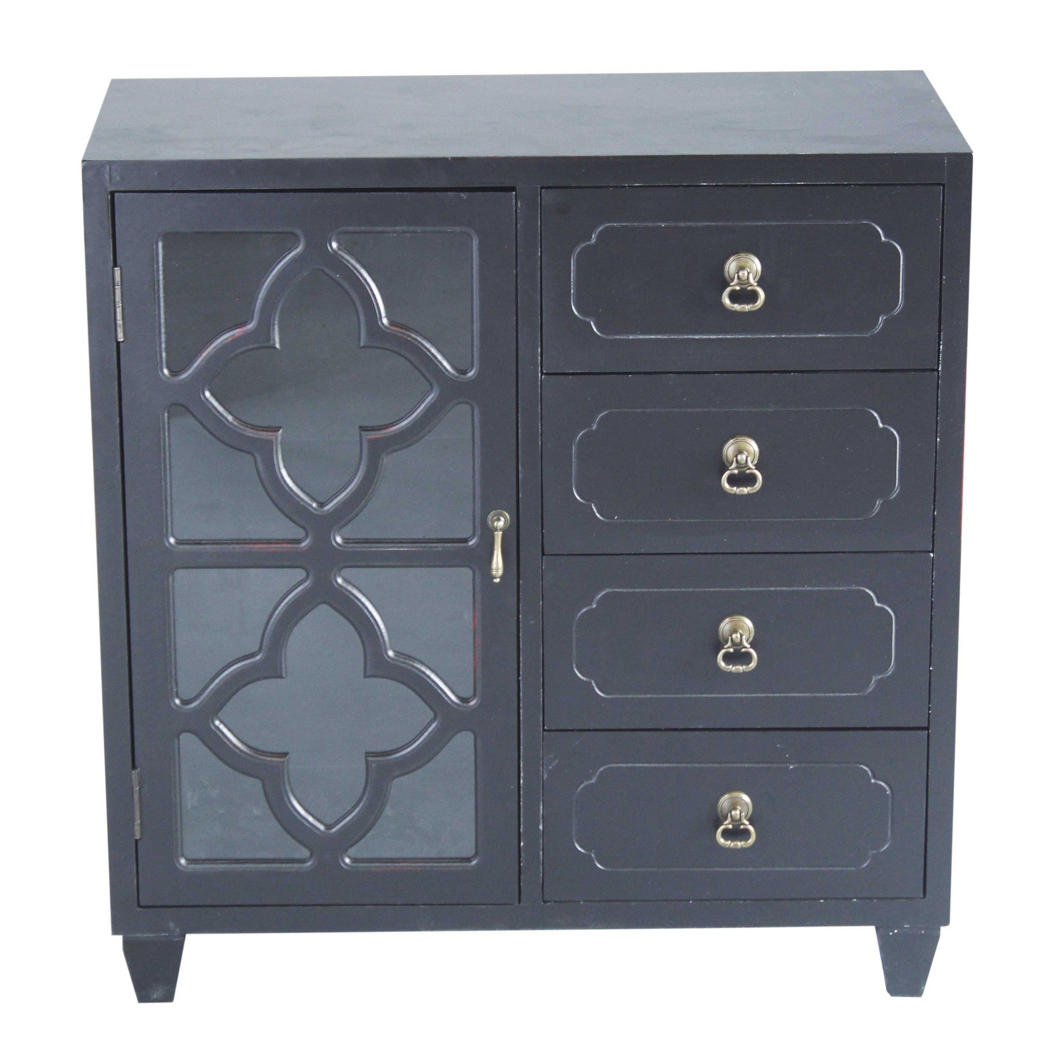 29.5" X 14" X 30.75" Black MDF Wood Clear Glass Glass Sideboard with a Door  Drawers