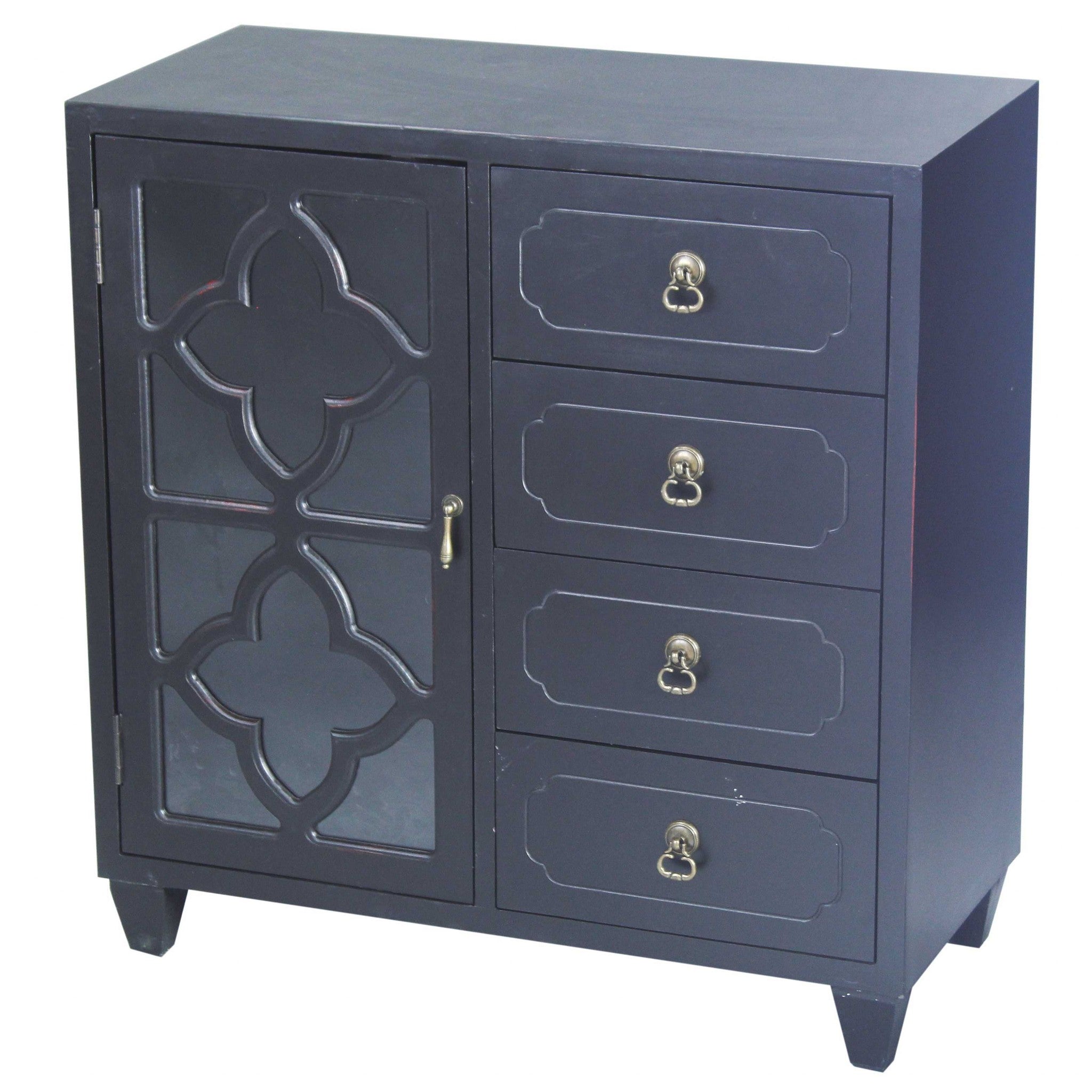 29.5" X 14" X 30.75" Black MDF Wood Clear Glass Glass Sideboard with a Door  Drawers