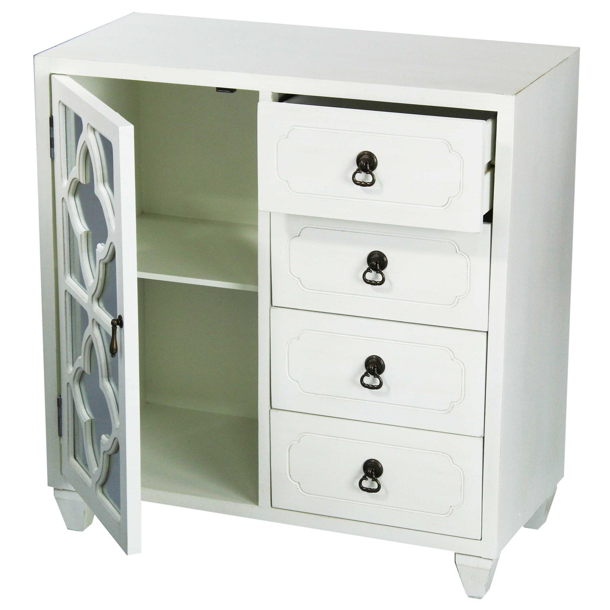 29.5" X 14" X 30.75" Antique White MDF Wood Mirrored Glass Sideboard with a Door and Drawers