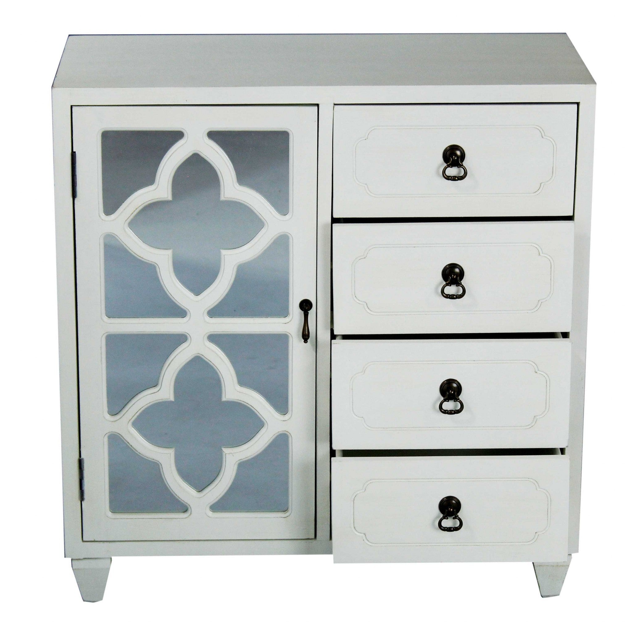 29.5" X 14" X 30.75" Antique White MDF Wood Mirrored Glass Sideboard with a Door and Drawers