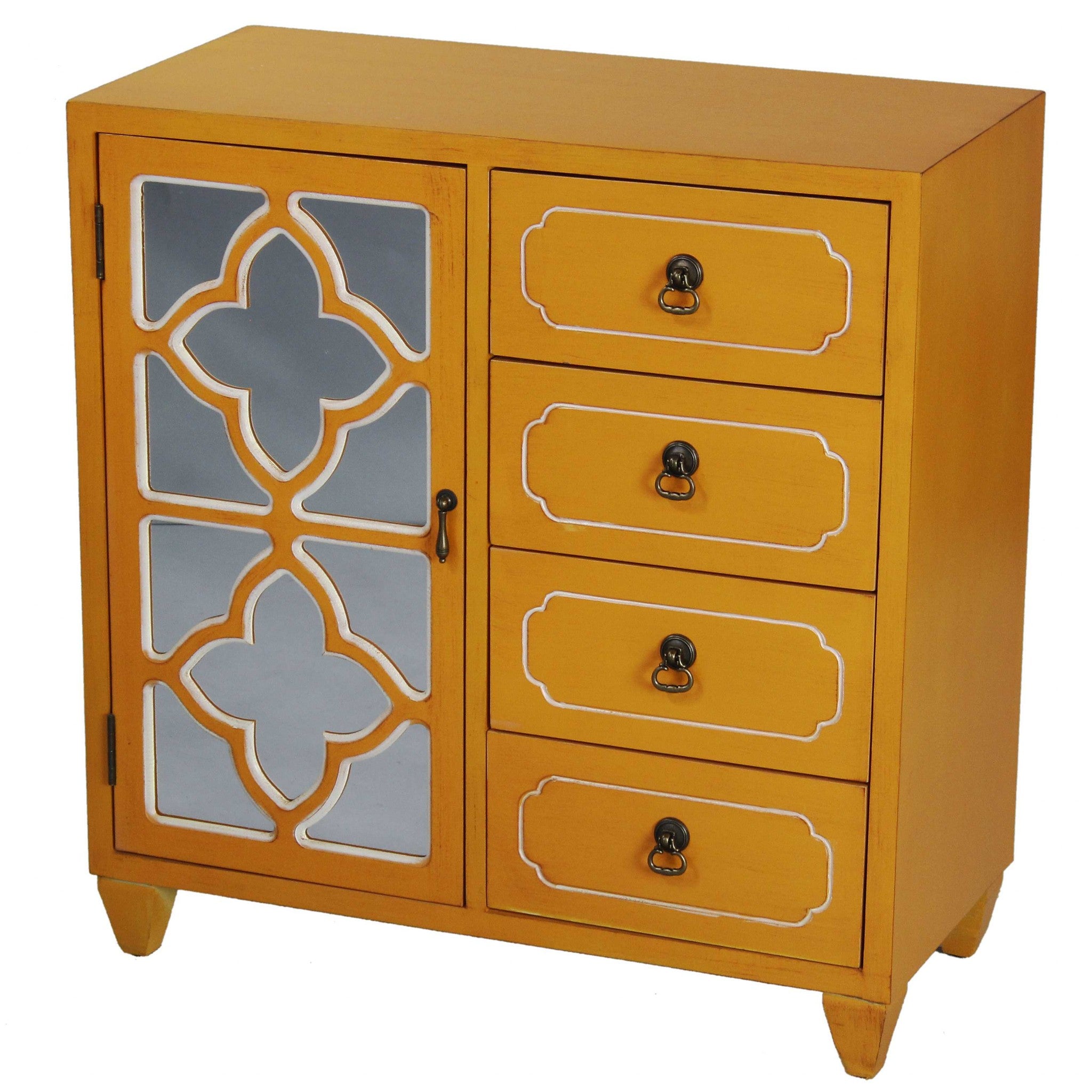 29.5" X 14" X 30.75" Orange MDF Wood Mirrored Glass Sideboard with a Door  Drawers and Quatrefoil Inserts
