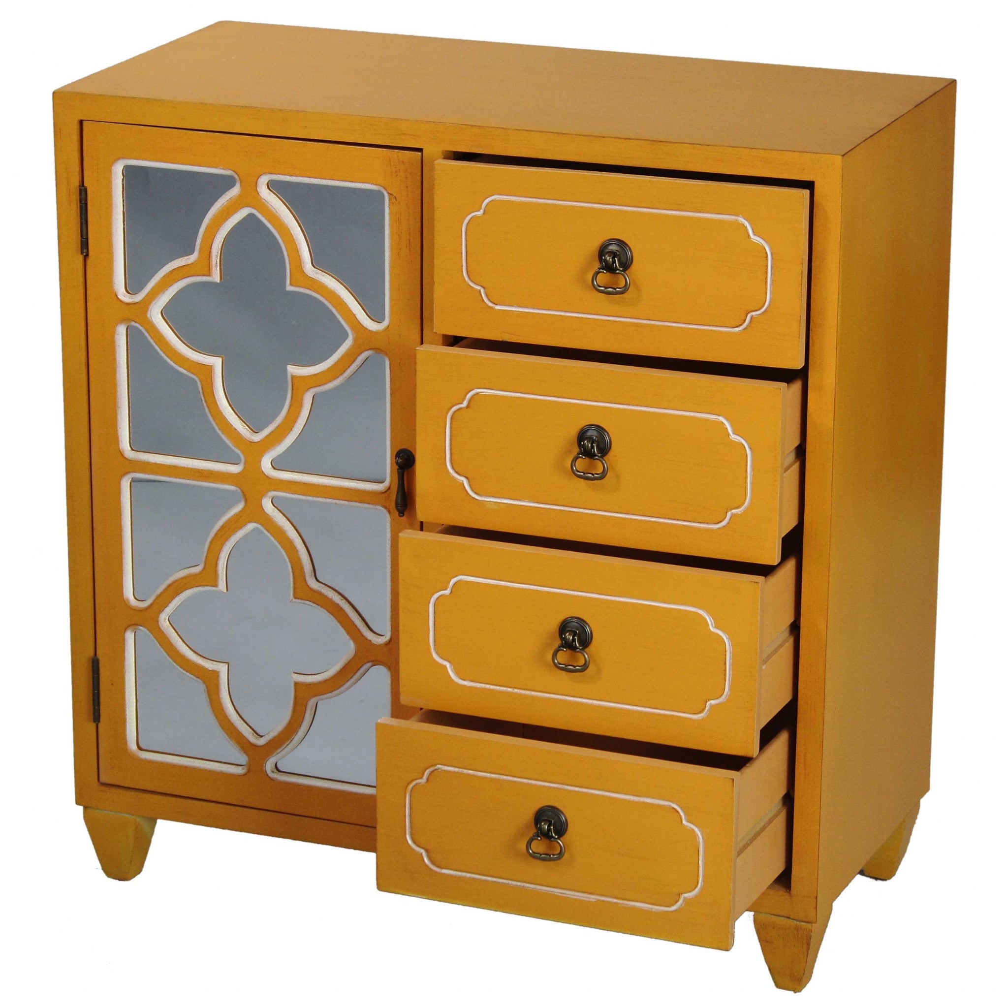 29.5" X 14" X 30.75" Orange MDF Wood Mirrored Glass Sideboard with a Door  Drawers and Quatrefoil Inserts
