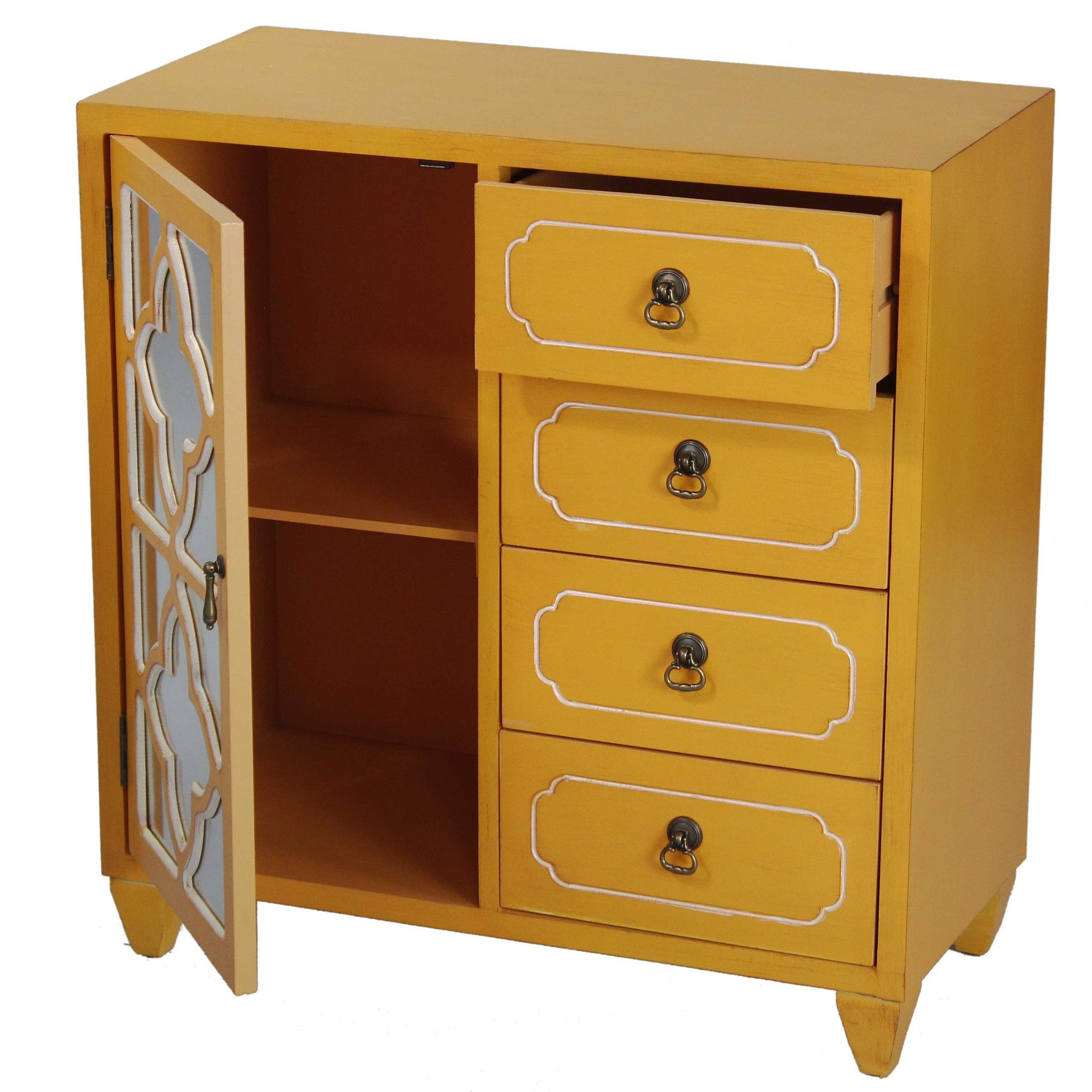 29.5" X 14" X 30.75" Orange MDF Wood Mirrored Glass Sideboard with a Door  Drawers and Quatrefoil Inserts