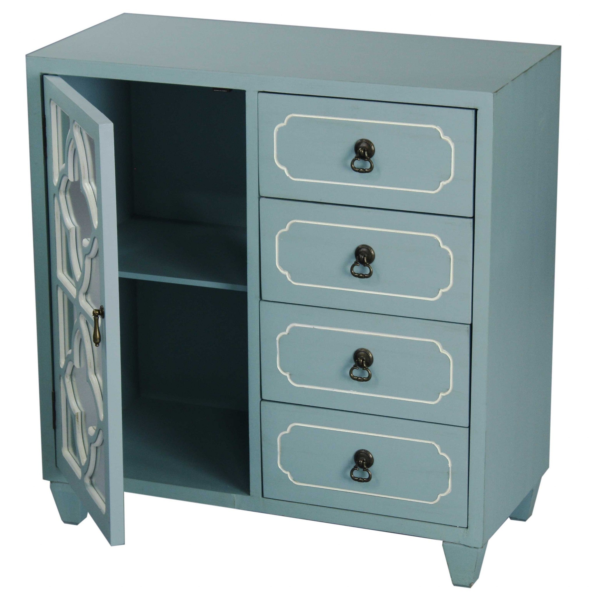 29.5" X 14" X 30.75" Light Blue MDF Wood Mirrored Glass Sideboard with a Door and Drawers
