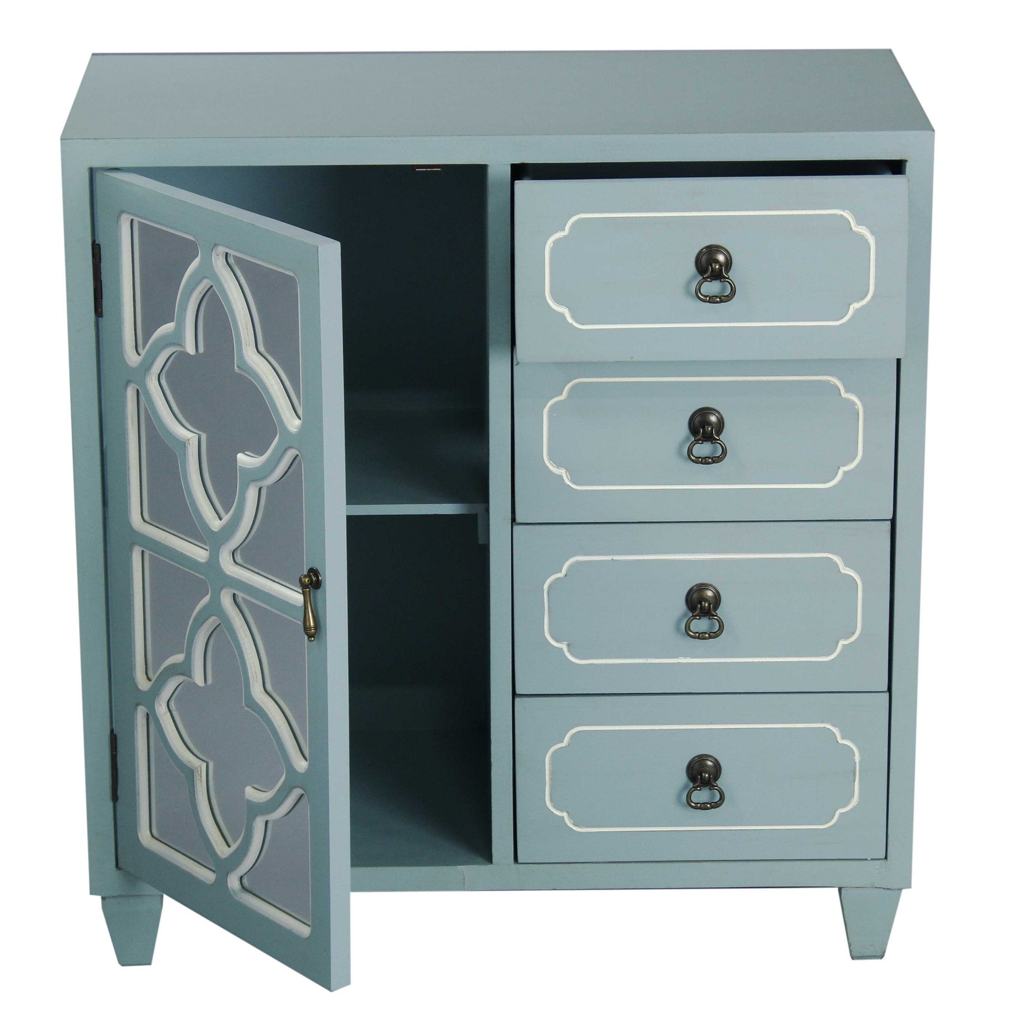 29.5" X 14" X 30.75" Light Blue MDF Wood Mirrored Glass Sideboard with a Door and Drawers
